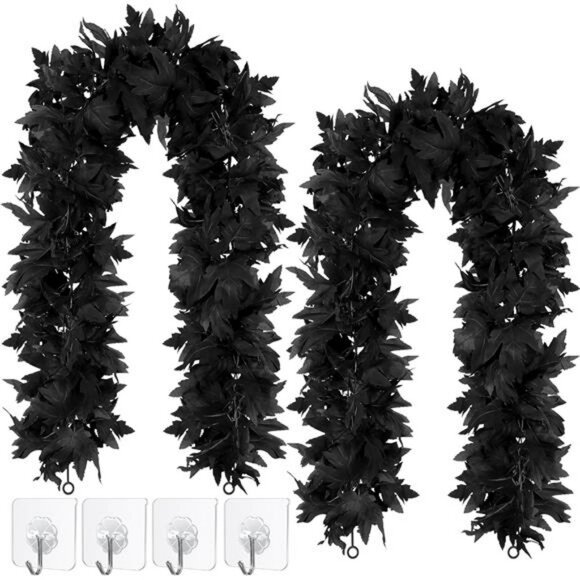 2 Pack Halloween Black Fall Maple Leaf Garland - 5.8 Feet Artificial - Picture 1 of 7